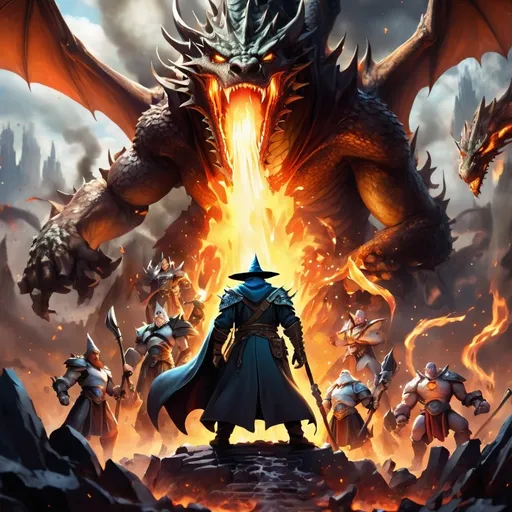 Prompt: make an image of a clumsy Wizard and a Dragon and there is a band of epic heroes standing behind him in a molten core like setting include a title at the top that says "Warly and the Pumpers"

