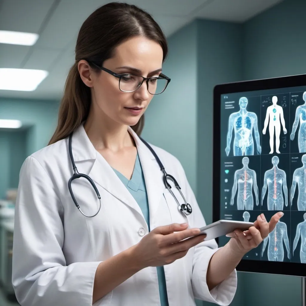 Prompt: A woman holding an electronic device connected to a patients electronic medical record, to wearables, claims data, pharmacy data and clinical trial data, with a modern and scientific appearance linked to big data and artificial intelligence. Create it in a way that it shows connections of data to the physician’s device. 