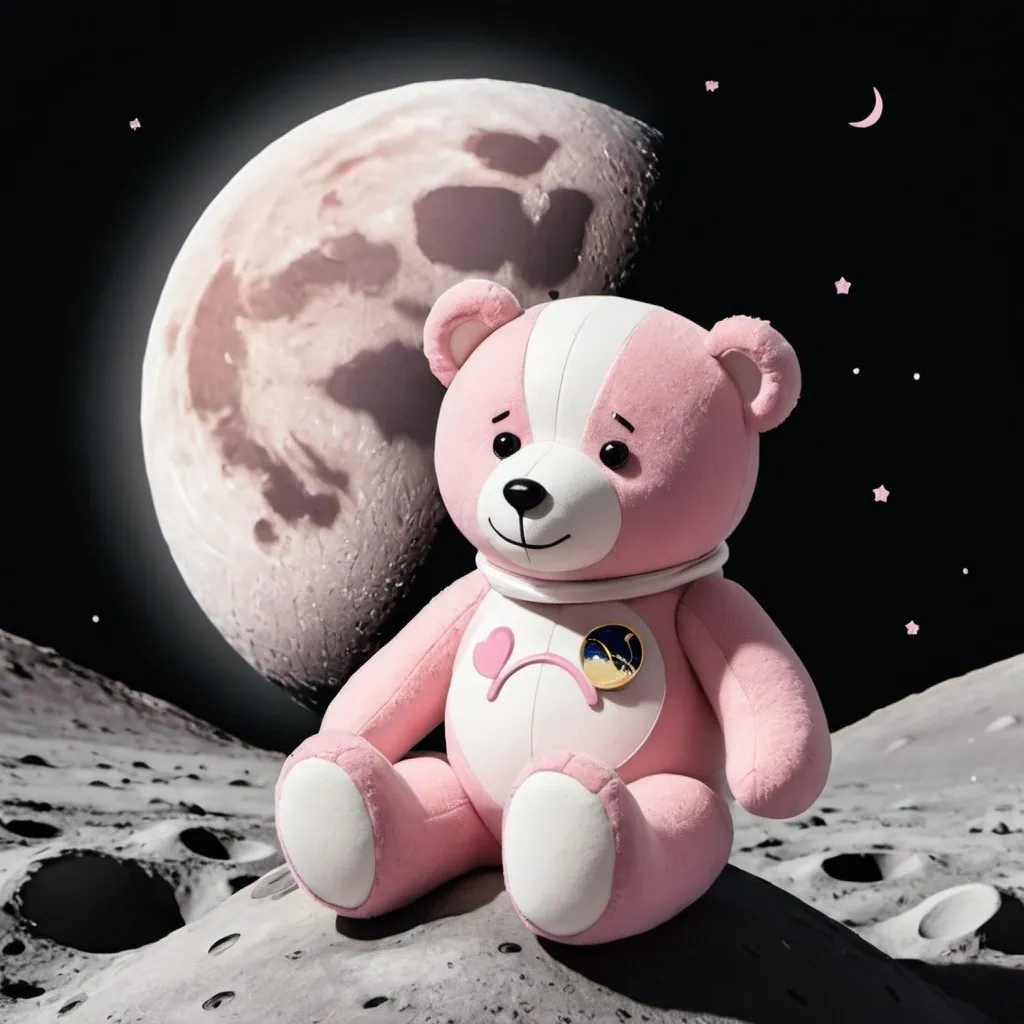 Prompt: A cartoon picture of a teddy bear that is white and pink and sits on the moon 