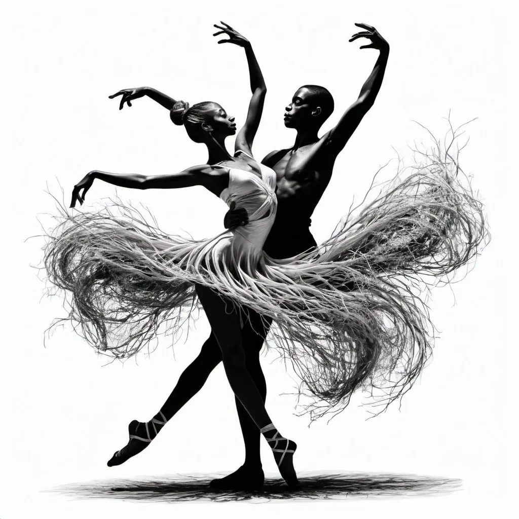 Prompt: stylized and drawn pair of dancers reminiscent of roots wrapped in roots image color white black background. Dancers must be stylized and remember the roots.