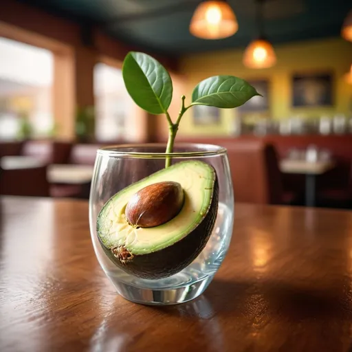 Prompt: A realistic photo of an avocado pit cracking open with a sprout growing out of it, placed in a glass of water on a restaurant table, vibrant colors, natural lighting, high depth of field, bokeh effect, photorealistic, cozy atmosphere, warm tones, intricate textures on the avocado and sprout, ultra-detailed, 5:3 aspect ratio, shiny table surface, restaurant background blurred but discernible with patrons and ambient decor.