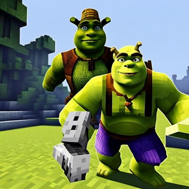 Prompt: Shrek battles minecraft steve