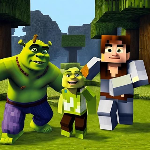 Prompt: Shrek battles minecraft steve