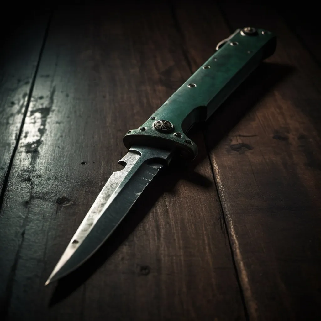 Prompt: Dimly lit, dark green, switchblade knife on a table, ominous atmosphere, moody lighting, high quality, realistic, dark tones, detailed textures, intense shadows, gritty, dramatic, vintage, mysterious, atmospheric lighting