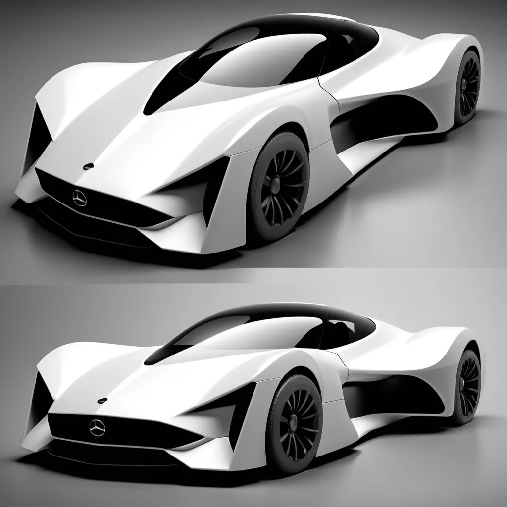 Prompt: Make me a supercar model based ona b2 spirit plane shapes. Make it look completly like a car. Make it more realistic and not like concept car.
