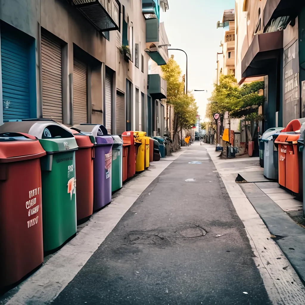 Prompt: colored trash cans along street with perspective, less cans but litle more street