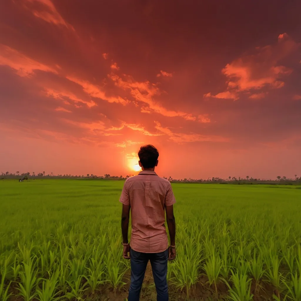 Prompt: a man standing in a field with a sunset in the background and a red sky in the background with clouds, Bholekar Srihari, samikshavad, jayison devadas, a picture