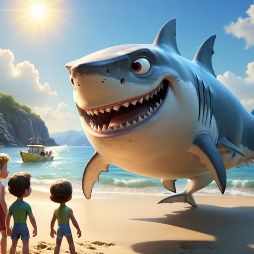 Prompt: friendly superhero shark with huge glowing eyes and powerful fins meet group of children at the sunny beach 