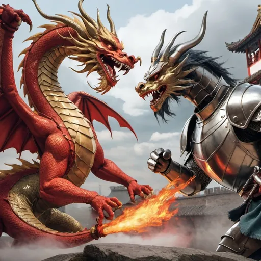 Prompt: chinese dragon vs europian knight