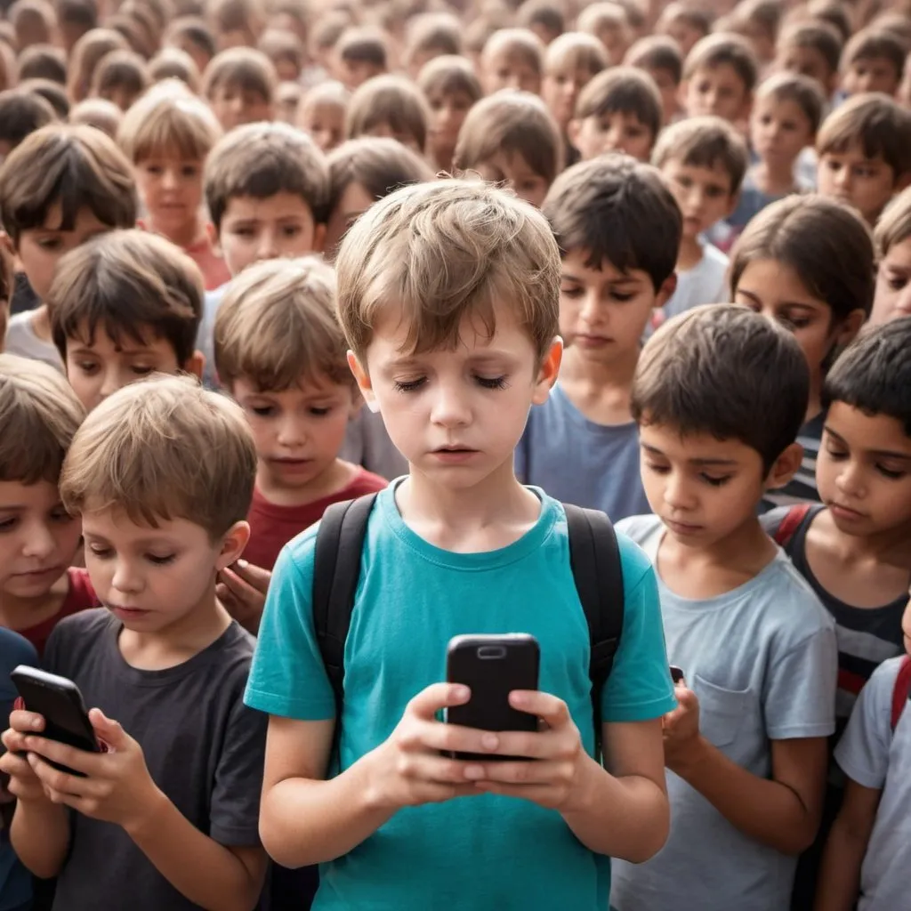 Prompt: photo of a boy holding smartphone standing in crowd of cell phone holding children. Concept of gadget addiction