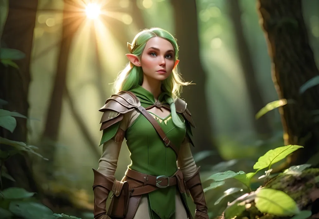 Prompt: Elf ranger in a mystical forest around sunlight