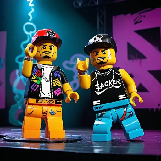 Prompt: 2raper on stage they're rapping , one of them have cap on head and another have tattoo on hande, hiphop , writing MOTLAQ on their tshirt and back stage screens 