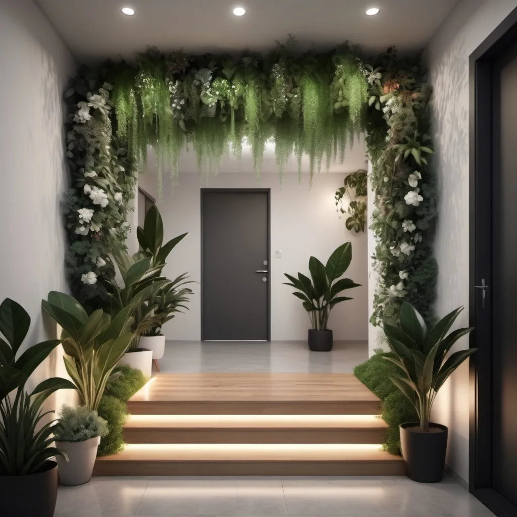 Prompt: Imagen de una entrada cálida y luminosa con plantas y detalles acogedores