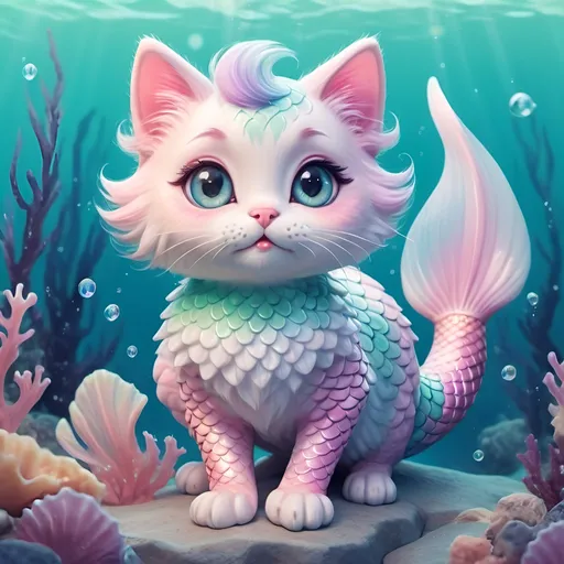 Prompt: Kawaii mermaid cat with pastel-colored scales and fluffy tail, big expressive eyes, whimsical underwater scene, high quality, digital painting, cute, pastel colors, dreamy lighting