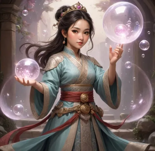 Prompt: Princess Mei-Ling is a delicate and graceful figure, dressed in traditional Eastern attire adorned with intricate patterns and flowing silks. Her staff is decorated with beautiful, shimmering bubbles that reflect her gentle yet powerful nature. Her serene expression and poised demeanor reflect her royal heritage and her mastery of bubble magic.Princess Mei-Ling hails from the Eastern State, a land of ancient traditions and mystical arts. As the youngest daughter of the emperor, she was trained not only in royal duties but also in the magical arts unique to her lineage. Mei-Ling discovered her affinity for bubble magic at a young age, a gentle yet potent form of sorcery passed down through generations.Despite her royal status, Mei-Ling chose to use her powers to protect and heal her people. She believes in the strength of unity and the power of compassion, striving to bring peace and harmony to her kingdom. Her bubble magic is a reflection of her gentle spirit, capable of both shielding her allies from harm and ensnaring her enemies with unyielding resolve.