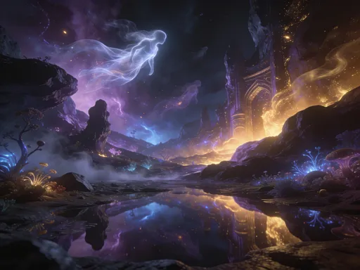 Prompt: Dreamlike surreal magical landscape in ultra-realistic 3D style inspired by Neil Gaiman’s Sandman and Clair Obscur Expedition 33. Vast mystical terrain with dramatic lighting, deep shadows and strong contrasting vibrant colors — rich purples, electric blues, fiery golds against obsidian darkness. Floating wisps, ethereal ghostly figures drifting through the scene as translucent phantoms. Bioluminescent flora and strange rock formations, swirling mist, reflective pools that mirror impossible architecture. Cinematic Unreal-style lighting, high detail, breathtaking fantasy atmosphere.