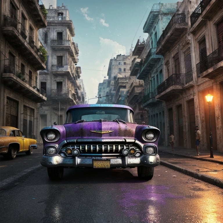 Prompt: hyperrealistic image of a rusty old '59 Chevrolet painted with the Cuban flag, flat tires, on the street, sweaty men pushing it, Havana street, old buildings, broken asphalt, people in the background, 4k, full color Bernie Wrightson photorealism composite photograph magnificenta masterpiece, 8k resolution, dark fantasy concept art, by Greg Rutkowski, dynamic lighting, hyperdetailed, intricately detailed, Splash screen art, trending on Artstation, deep color, Unreal Engine, volumetric lighting, Alphonse Mucha, Jordan Grimmer, purple and yellow complementary colours
