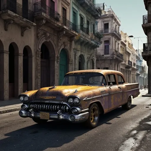Prompt: hyperrealistic image of a rusty old '59 Chevrolet painted with the Cuban flag, flat tires, on the street, sweaty men pushing it, Havana street, old buildings, broken asphalt, people in the background, 4k, full color Bernie Wrightson photorealism composite photograph magnificenta masterpiece, 8k resolution, dark fantasy concept art, by Greg Rutkowski, dynamic lighting, hyperdetailed, intricately detailed, Splash screen art, trending on Artstation, deep color, Unreal Engine, volumetric lighting, Alphonse Mucha, Jordan Grimmer, purple and yellow complementary colours
