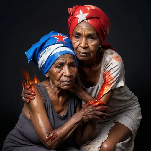 Prompt: an elderly black woman with granddaughter in her arms (kneeling covered with a burnt, torn, torn, dirty Cuban flag, turban on her head melted liquid with metallic shine: 1.5) background atmosphere (smoke and fire around the woman: 1.5) (includes wrinkled face : 1) make the metallic shine more pronounced, blue, white, red, gold and gray colors, reflective studio light, reflective studio light Splash art hyper-detailed intricately detailed