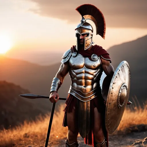 Prompt: a spartan soldier with helmet, shield and spear stand at Thermopylen, sunset, detailed clothing, realistic, natural lighting