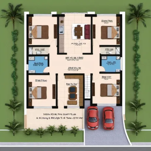 Prompt: House plan plot size 32 x 65 feet, rdrawing room, dinning room, two bed rooms, kitichen, back and front court yard, stairs for first floor.
