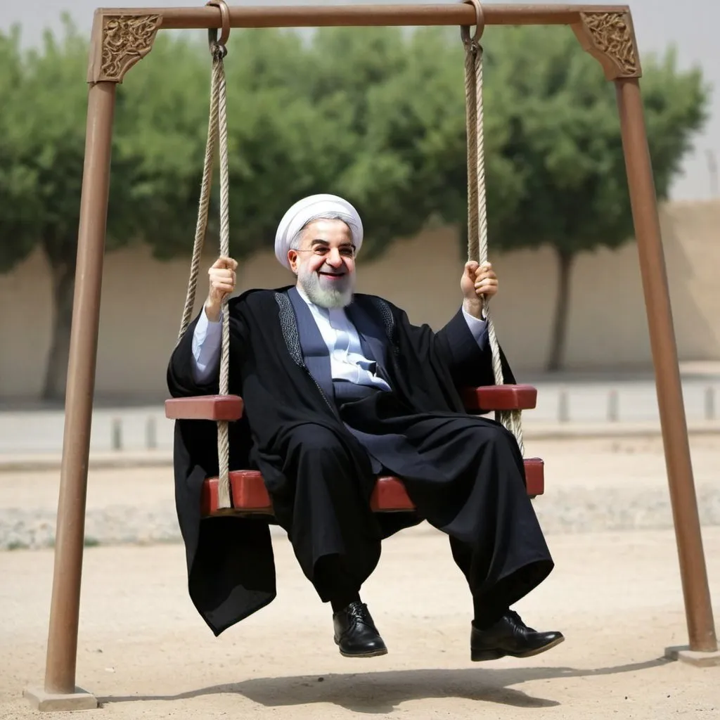 Prompt: I want a photo that Iran is on a swing.  And there should be an ayatollah and a king on both sides of the swing
