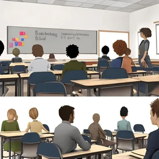 Prompt: concept art of people in a classroom we see their backs
