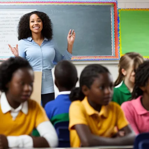 Prompt: people in a classroom black teacher in front
