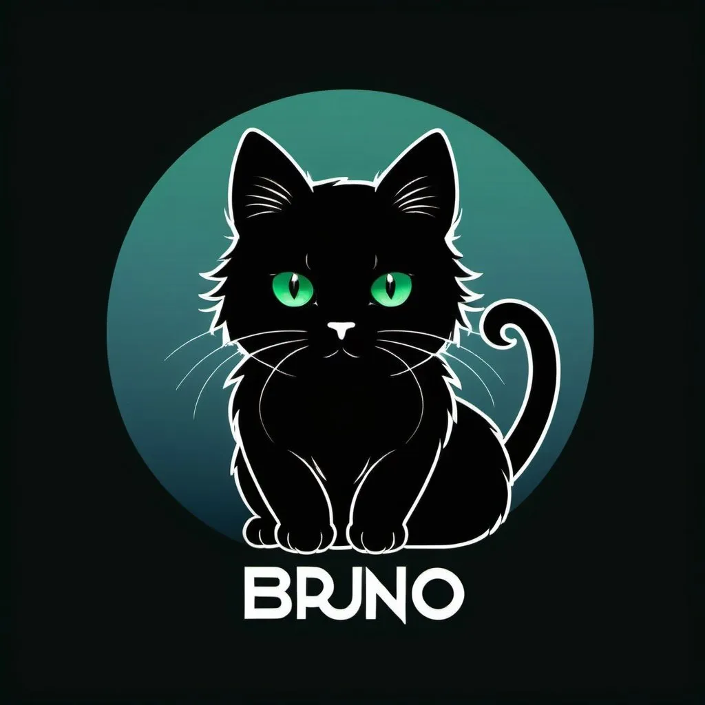 Prompt: The logo will feature a stylized illustration of a small fluffy black cat with green eyes. He also has a little bit of white fur behind his ears. The cat can be in a playful pose to convey energy. Surrounding the cat will be abstract shapes in shades of blue, white, soft gold, and dark green for movement and depth. Under the cat will be text that says "Bruno"