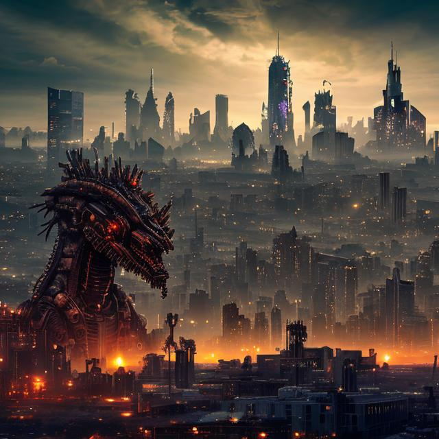 Prompt: Jersey city skyline, futuristic, steampunk style, dystopian, year 2099, dramatic lighting, steampunk dragon in foreground, robot war, photorealistic 