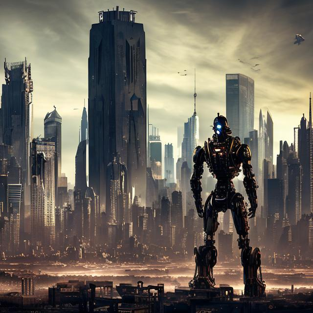 Prompt: Jersey city skyline, futuristic, steampunk style, dystopian, year 2099, dramatic lighting, humanoid warrior in foreground, robot war, photorealistic 