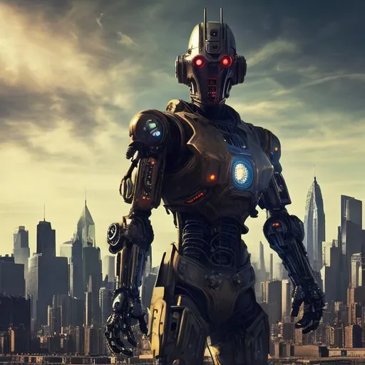 Prompt: Jersey city skyline, futuristic, steampunk style, dystopian, year 2099, dramatic lighting, humanoid warrior in foreground, robot war