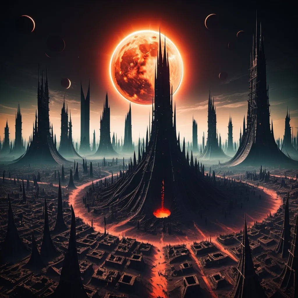 Prompt: Thousands of hellish towers in city on dark planet full of thorn monsters. In the distance strange shapes of demonic dimensions and giant solar eclipse. 