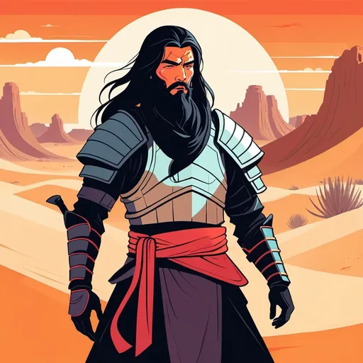 Prompt: 2d flat art, a man with long black hair and a beard in ninja armor, vector art, sandy desert, cover art, bright colors, stoic illustration