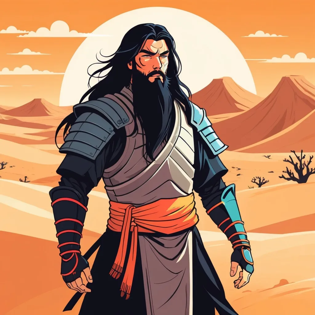 Prompt: 2d flat art, a man with long black hair and a beard in ninja armor, vector art, sandy desert, cover art, bright colors, stoic illustration