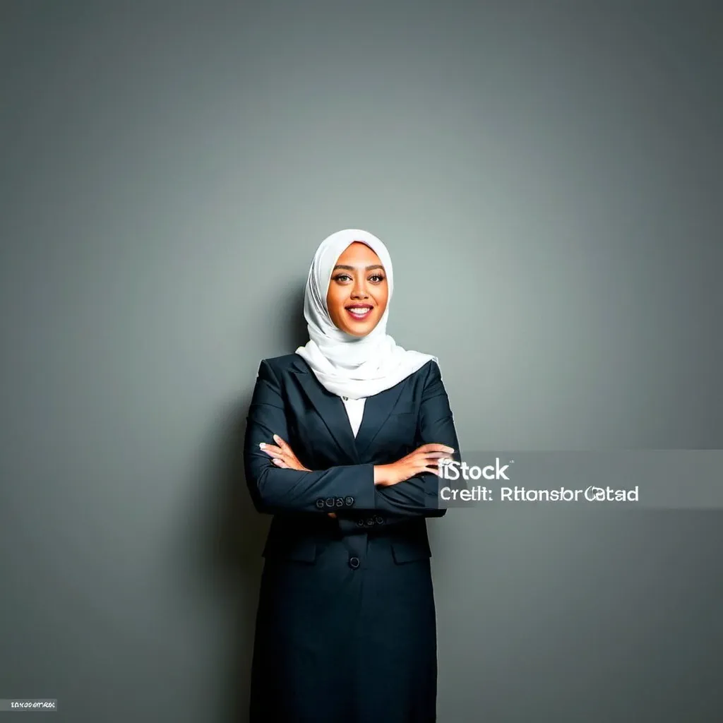 Prompt: look corporate image, in corporate background, half body, dressing as muslim