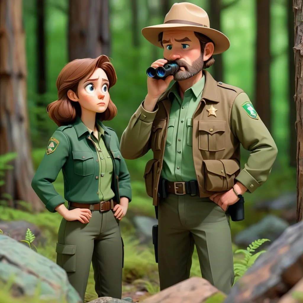 Prompt: A middle-aged man with brown hair and a beard. National park ranger uniform, green shirt and jacket. Nearby, slightly dark girl, wearing the same green shirt, a man is looking through binoculars, the girl is shyly looking at the floor. stylized voxel art style - Image
