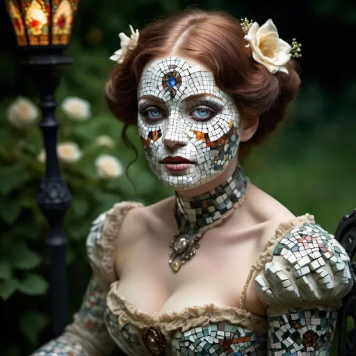 Prompt: victorian woman with completely mosaic covered face and skin. no cloth. glowing eyes. body made of porcelain. sitting in garden. lips parted. sensual poses. flirty fondling. turn of the century. dramatic lighting. 
