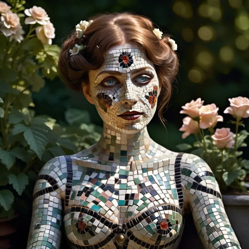 Prompt: victorian woman with completely mosaic covered face and skin. no cloth. glowing eyes. body made ceramic. sitting in garden. lips parted. sensual poses. flirty fondling. turn of the century. dramatic lighting. 
