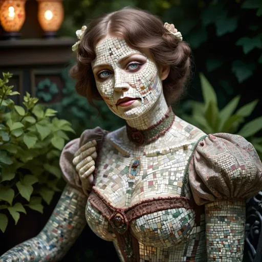 Prompt: victorian woman with completely mosaic covered face and skin. no cloth. glowing eyes. body made ceramic. sitting in garden. lips parted. sensual poses. flirty fondling. turn of the century. dramatic lighting. 
