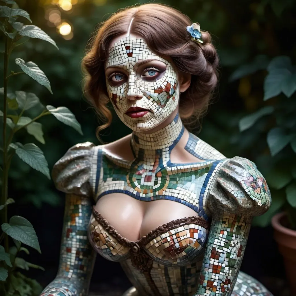 Prompt: victorian woman with completely mosaic covered face and skin. no cloth. glowing eyes. body made ceramic. sitting in garden. lips parted. sensual poses. flirty fondling. turn of the century. dramatic lighting. 
