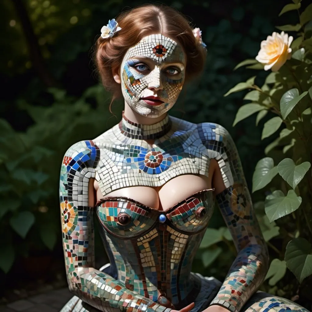 Prompt: victorian woman with completely mosaic covered face and skin. no cloth. glowing eyes. body made of mosaics. sitting in garden. lips parted. sensual poses. flirty fondling. turn of the century. dramatic lighting. 
