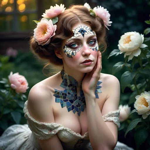 Prompt: victorian woman with mosaic face and skin. no cloth. glowing eyes. sitting in garden. Passionately entertwined, lips parted. embracing. sensual poses. flirty fondling. gasping. kissing and licking. turn of the century. dramatic lighting. flowers. peonys.
