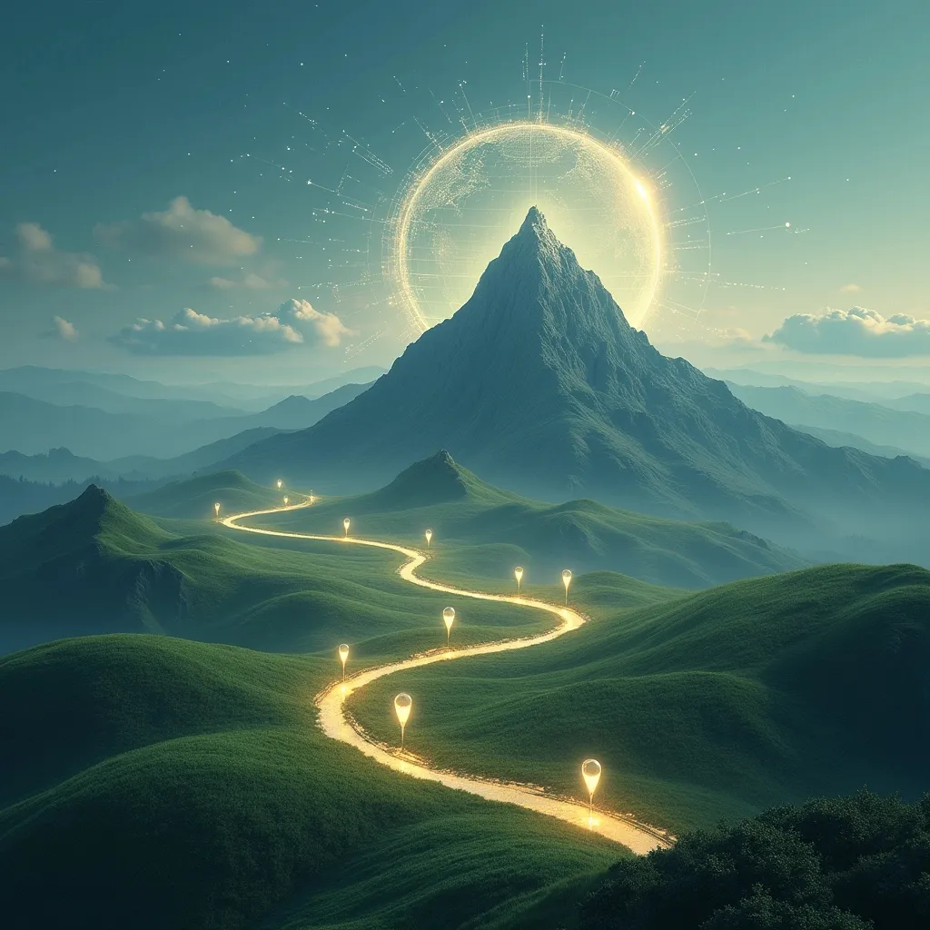 Prompt: Create a surreal digital artwork that represents strategic mapping and optimization in a futuristic landscape. Include a majestic mountain as the central focus, symbolizing peak achievement, surrounded by rolling hills connected by illuminated pathways forming a network. Scatter glowing location markers (pins) across the terrain to emphasize geolocation and connectivity. Add a grid overlay and a subtle global map projection in the background to suggest worldwide reach. Use a color palette of earthy greens and blues with glowing accents in white and yellow to convey progress and innovation. Ensure the atmosphere is dreamlike yet professional, with text elements indicating themes of strategy and optimization.