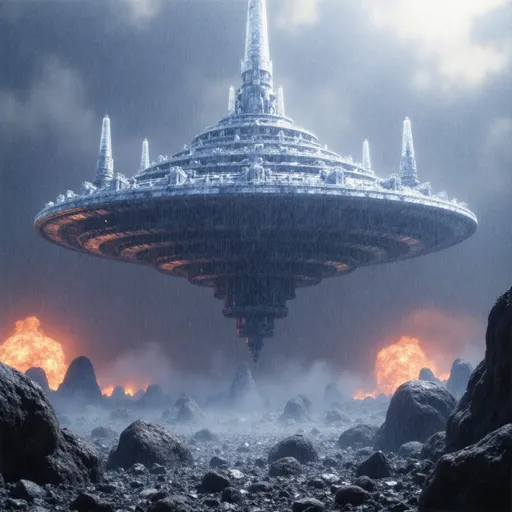 Prompt: Highly detailed Sci-fi heavenly crystal city war ice explosions and fires everywhere mothership with godrays and clouds realistic in rain