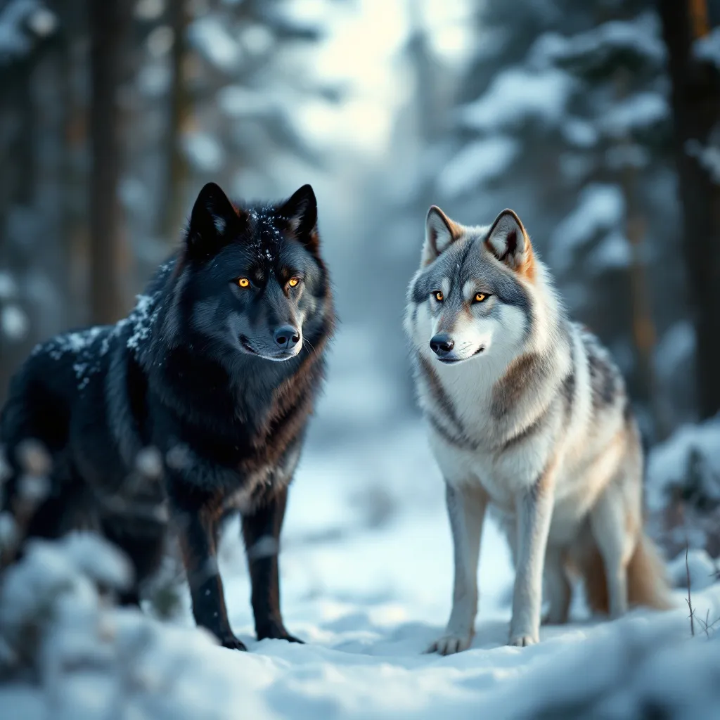 Prompt: Two wolves standing side by side in a snowy forest, one with black fur and the other with light gray and white fur, calm and alert posture, heads turned slightly in opposite directions, serene winter landscape with snow-covered ground and trees, cinematic lighting, bold text 'Heed your gut in uppercase white font at the top --ar 4:3 --v 5