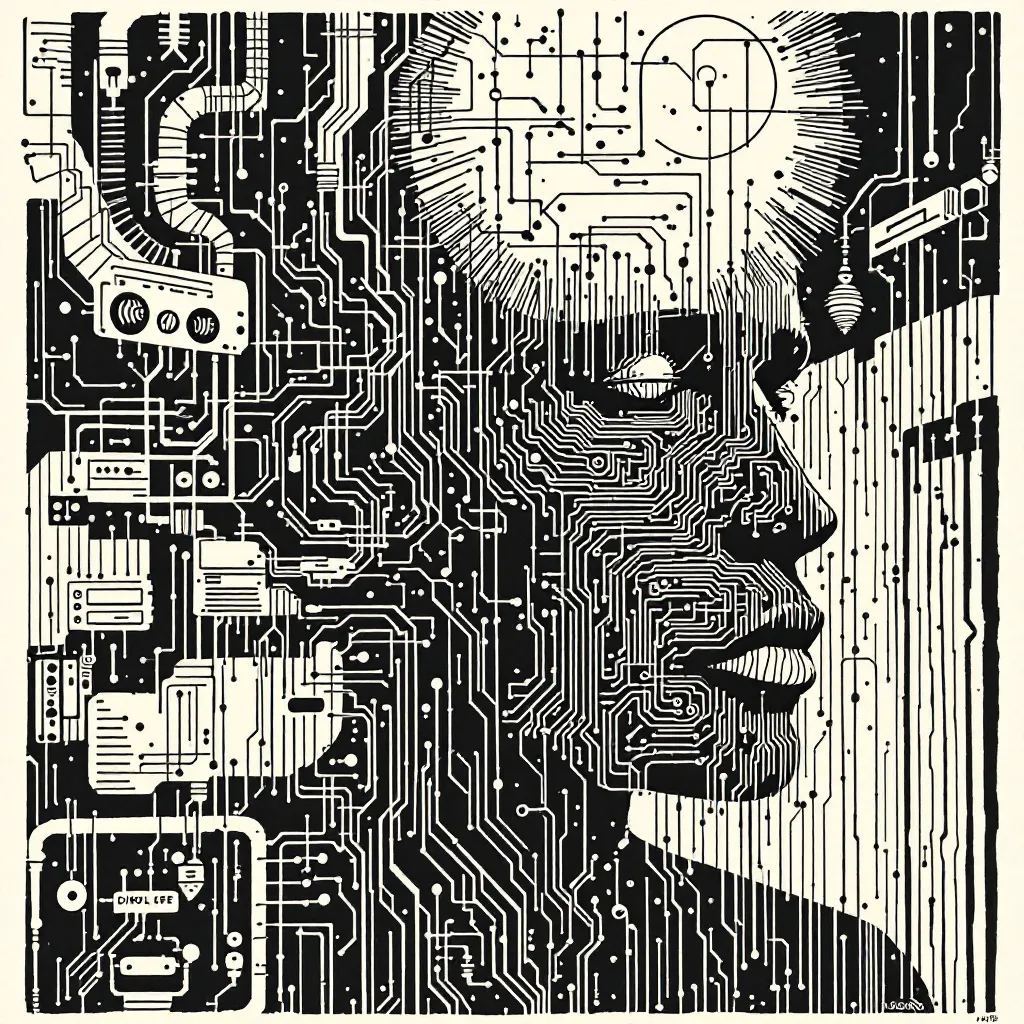 Prompt: [LINOCUT drawing style] In the realm of the electronic age, Burroughs' words take center stage. A beatnik's mind, it starts to spin, As I dive into the words within. "The Electronic Revolution" it's called, A trip through technology, uncontrolled. Control and manipulation, the game they play, In this digital world, where minds stray. Perception shattered, reality bends, As electronic hallucinations ascend. Cut-up language, a collage of the mind, In fragments and pieces, meaning we find. Modern Man in Search of a Soul