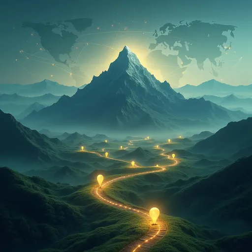 Prompt: Create a surreal digital artwork that represents strategic mapping and optimization in a futuristic landscape. Include a majestic mountain as the central focus, symbolizing peak achievement, surrounded by rolling hills connected by illuminated pathways forming a network. Scatter glowing location markers (pins) across the terrain to emphasize geolocation and connectivity. Add a grid overlay and a subtle global map projection in the background to suggest worldwide reach. Use a color palette of earthy greens and blues with glowing accents in white and yellow to convey progress and innovation. Ensure the atmosphere is dreamlike yet professional, with text elements indicating themes of strategy and optimization.
