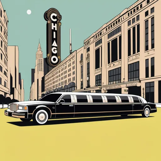 Prompt: Flat illustration CHICAGO POSTER with luxury limo designed by Neville Brody