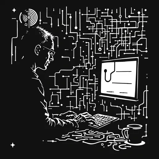 Prompt: [LINOCUT drawing style] In the realm of the electronic age, Burroughs' words take center stage. A beatnik's mind, it starts to spin, As I dive into the words within. "The Electronic Revolution" it's called, A trip through technology, uncontrolled. Control and manipulation, the game they play, In this digital world, where minds stray. Perception shattered, reality bends, As electronic hallucinations ascend. Cut-up language, a collage of the mind, In fragments and pieces, meaning we find. Modern Man in Search of a Soul